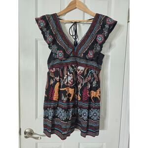 Anthropologie Boho Animal Print Babydoll Dress Sz S Tassel Tie V-Neck Ruffle
